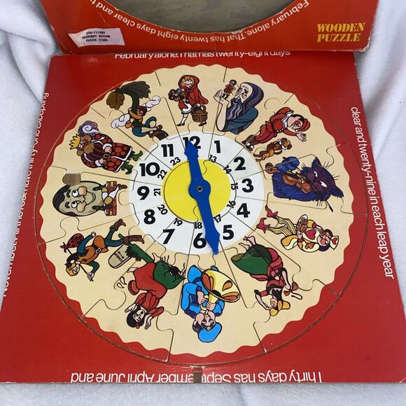 Vintage wood puzzle clock Nursery Rhyme England Condor 26 Jigsaw 12 Time - Picture 2 of 13
